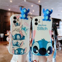 disney stitch 3d cartoon luxury lanyard phone cases for iphone 13 12 11 pro max mini xr xs max 8 x 7 couple anti drop soft cover