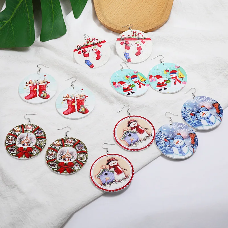 

New Christmas Earrings Creative Exaggerated Cartoon Log Snowman Socks Printing Hypoallergenic Ear Hook Earrings Wooden Jewelry