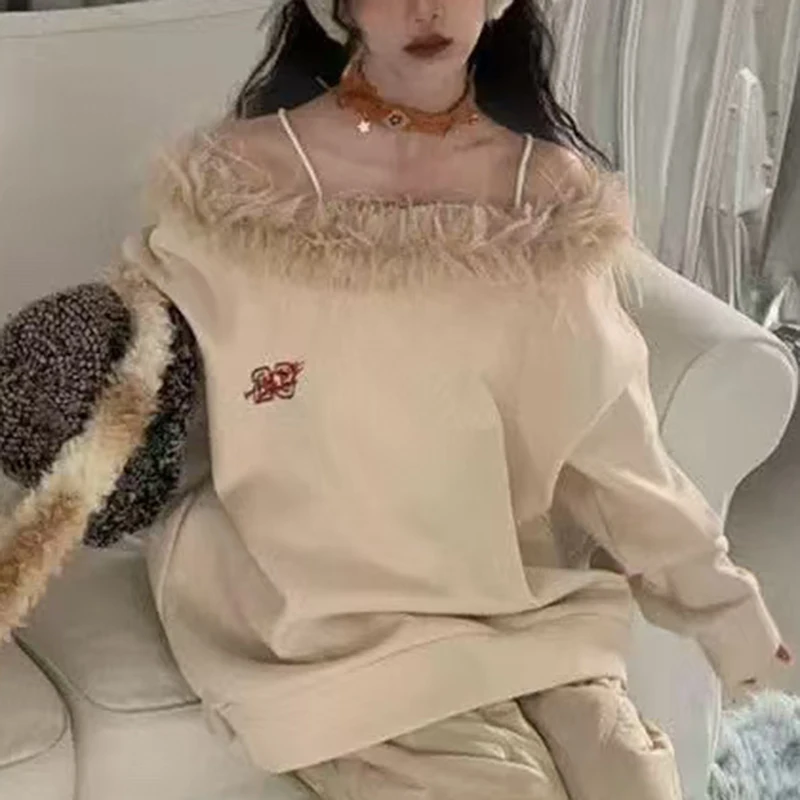 KBQ новый лоскутный свитшот с вышивкой и перьями для женщин пуловер v-образным