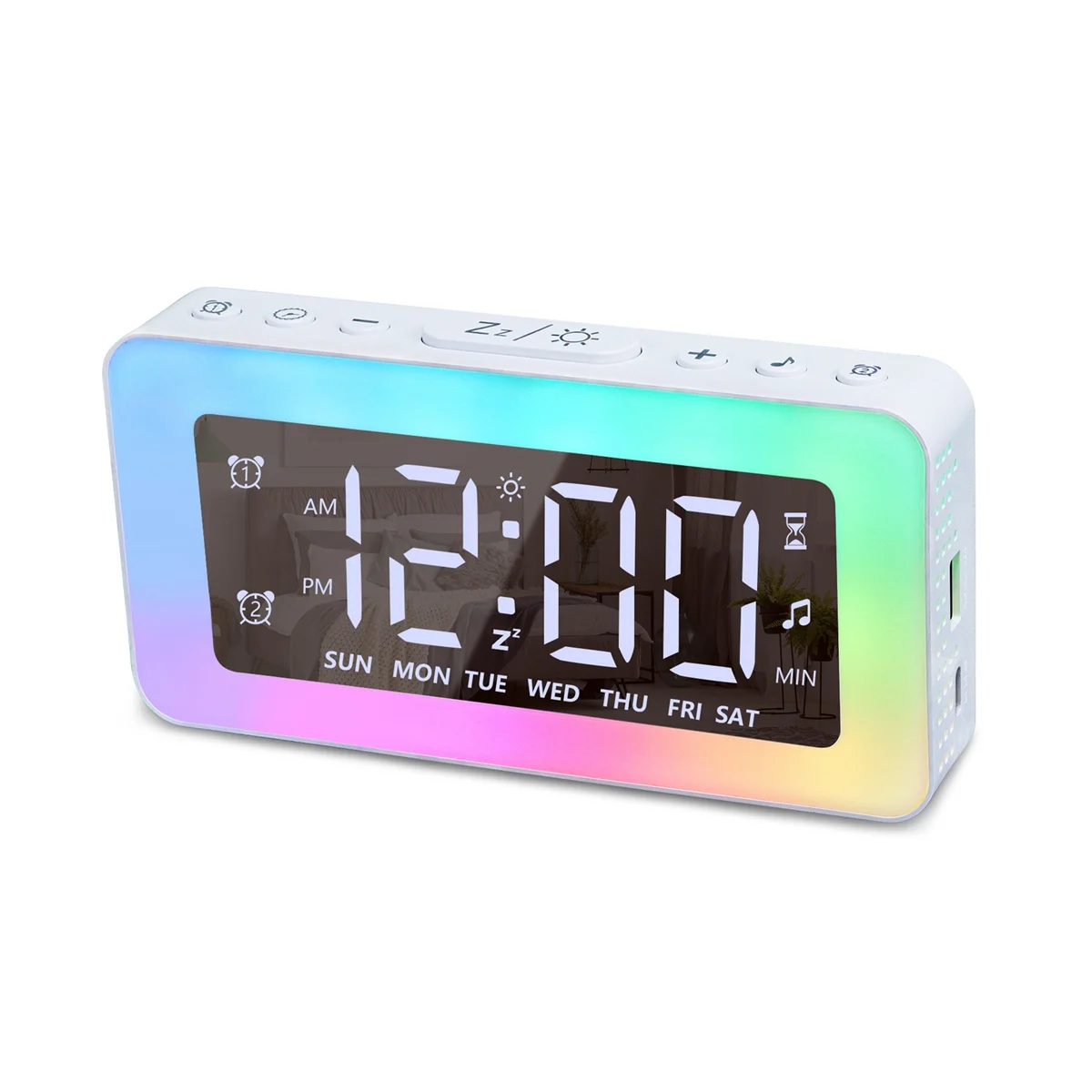 

Alarm Clocks for Bedrooms Mirror Clock with 8 RGB Atmosphere Light Dual Alarms 3 Alarm Modes Snooze Sleep Aid Timer