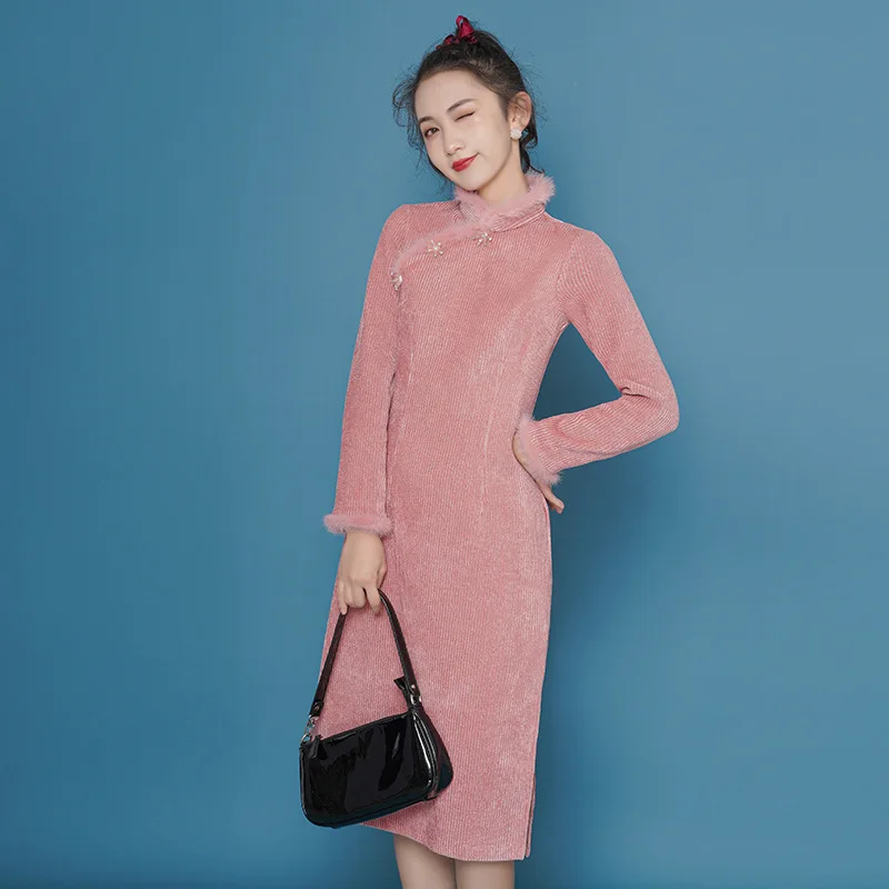 

Elegant Cheongsam Long Dress Velvet Slim Long Sleeve Solid Color Flare Sleeve Modern Vintage Chinese Style maxi Dresses