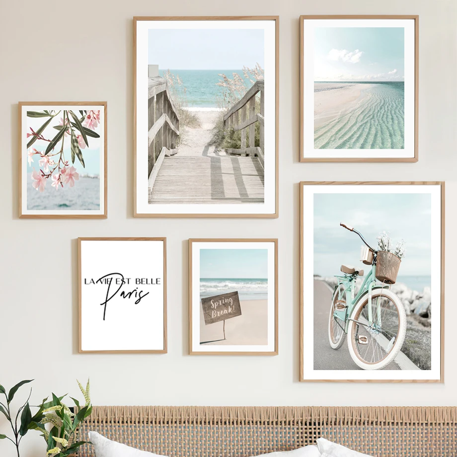 Природа розовый цветок велосипед волны мост пейзаж Скандинавское искусство