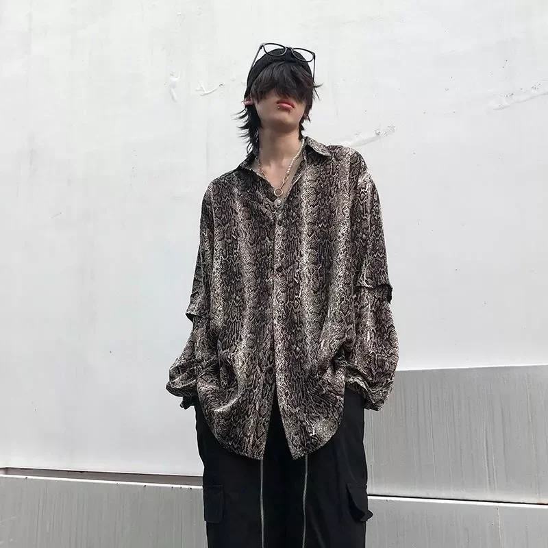 

men women's design drape loose detachable fake two long-sleeved shirts punk goth hip hop blouse Harajuku vintage leopard shirt