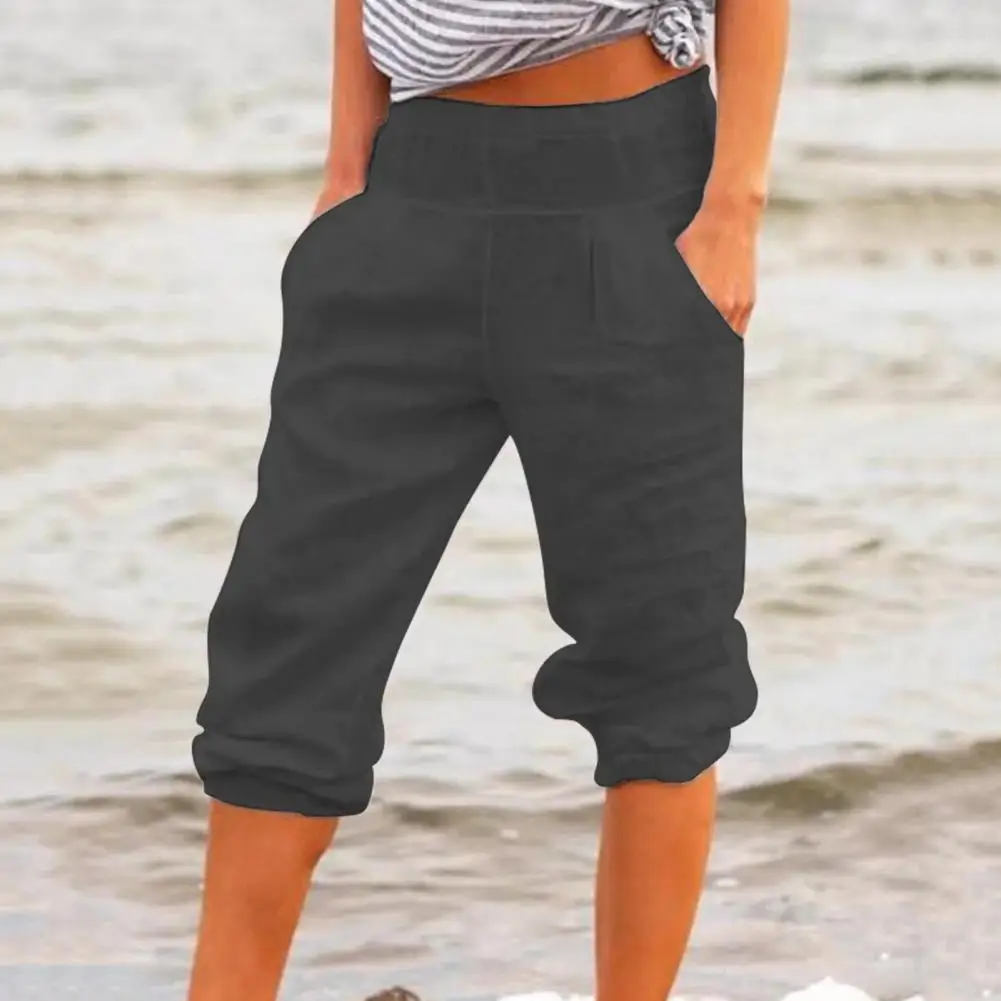 

Mid-Rise Elastic Waist Shrinkable Leg Opening Capri Pants Woman Pockets Mid-calf Sports Leisure Pants Female Clothing Pantalones