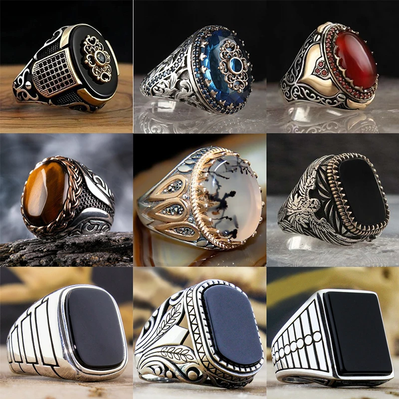 

Retro Handmade Turkish Ring For Men Vintage Double Swords Black Zircon Rings Punk 2021 Trendy Islamic Religious Muslim Jewelry