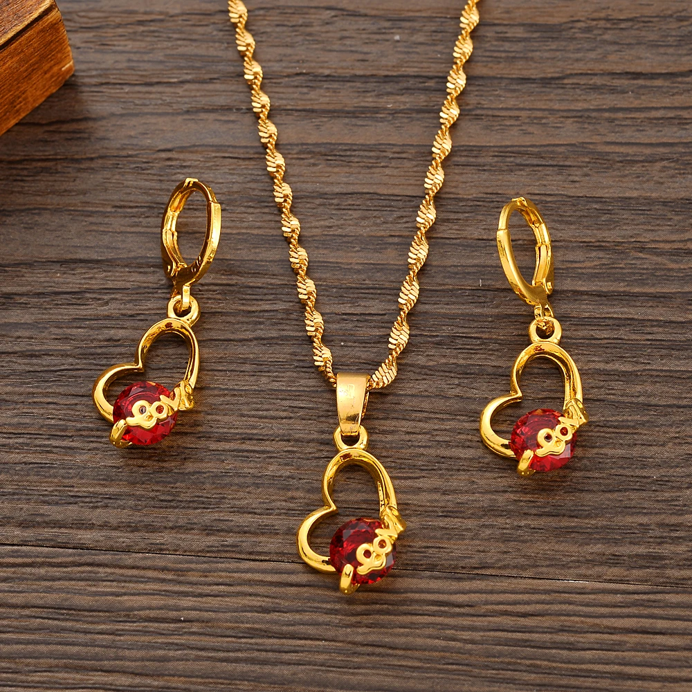 

Dubai Gold Color Women Party Jewelry Sets Red Stone Charms For Girls Kid