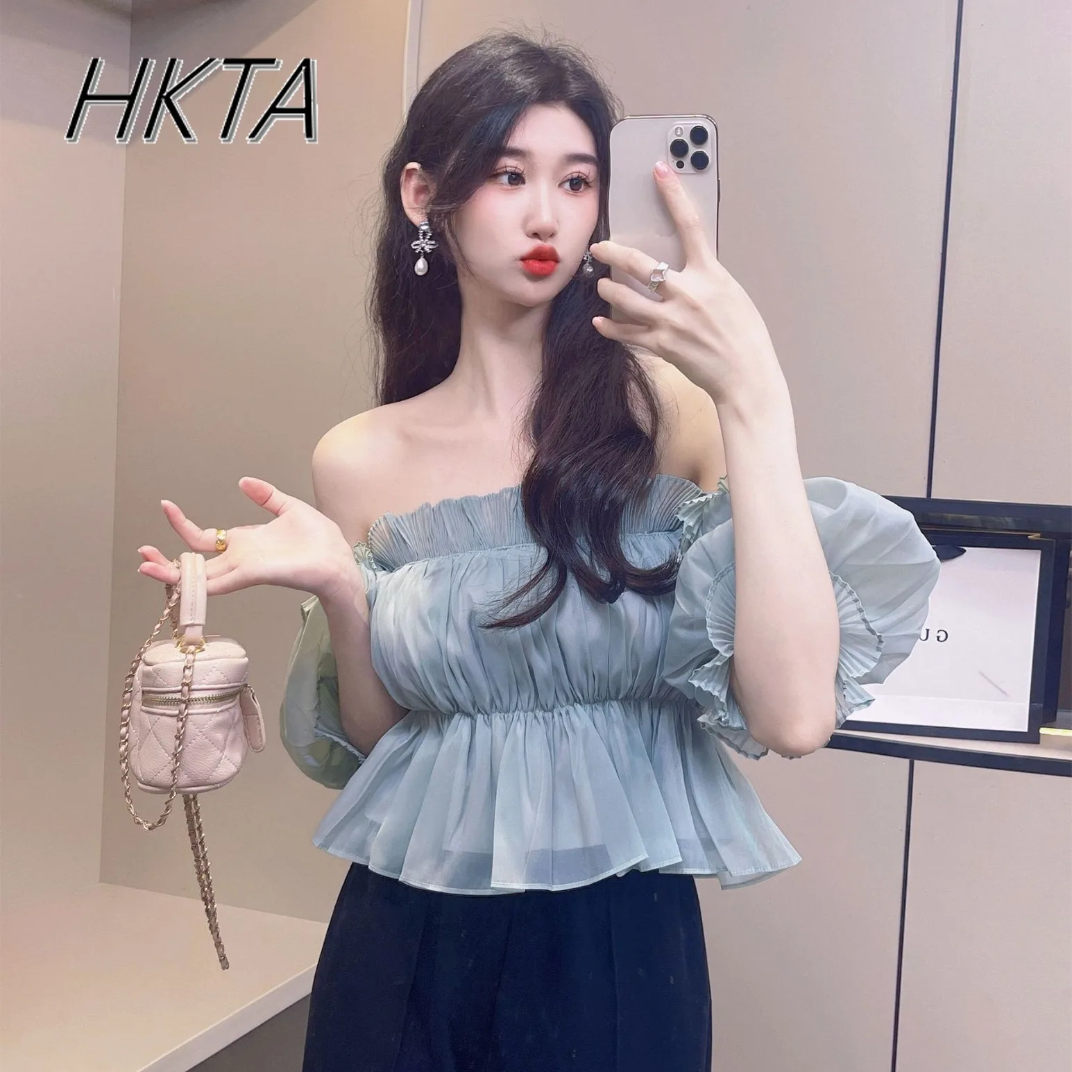 Японская S Pure Desire Wind Breast Wrap Fairy Shirt Sweet and Elegant Lotus Leaf Edge Dot Bubble Short Sleeve T Top Women