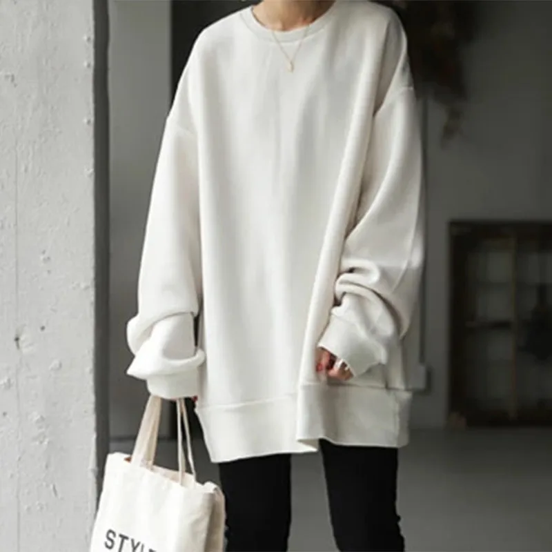 

Korean Fashion Women Sweatshirt OL O Neck Loose Pullover Solid Casual Sweatshirt Women Clothing