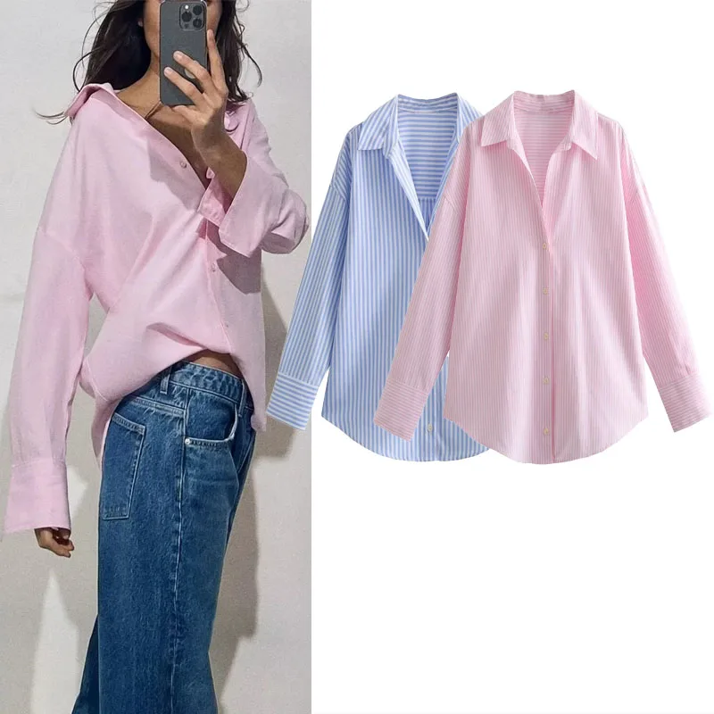 

TRAF Womens Cotton Blend Oxford Shirt 2023 Casual Loose Pink Shirts Female Lapel V-neck Tops Vintage Asymmetric Hem Button Top