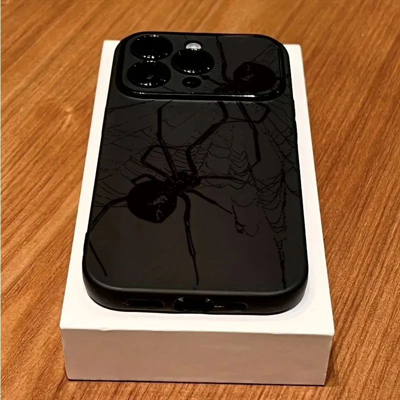 Фото Стильный черный чехол для телефона с узором паука для iPhone 11 12 13 14 15 Pro Max 16 Plus 17 Pro X XS XR, матовый, с большим окном, мягкая задняя крышка №4