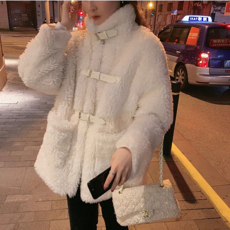 Women Coats Harajuku Lambs Wool Fleece Coat Streetwear Black White Oversized Hoodie Sweet Korean Style Winter Fashion 2023