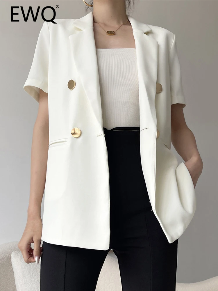 

EWQ Metal Button Design Short Sleeve Blazer For Women Notched Loose Office Lady Elegant Jackets Female 2023 Summer New 26D4467
