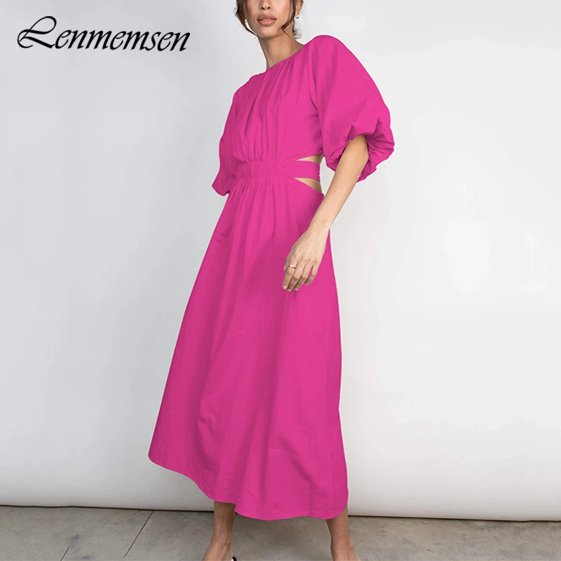 

Lenmemsen Hollow Out Solid Dress Women Summer Simple O-neck Short Sleeve Midi Dress Female Trendy High Waist Cotton A-line Dress