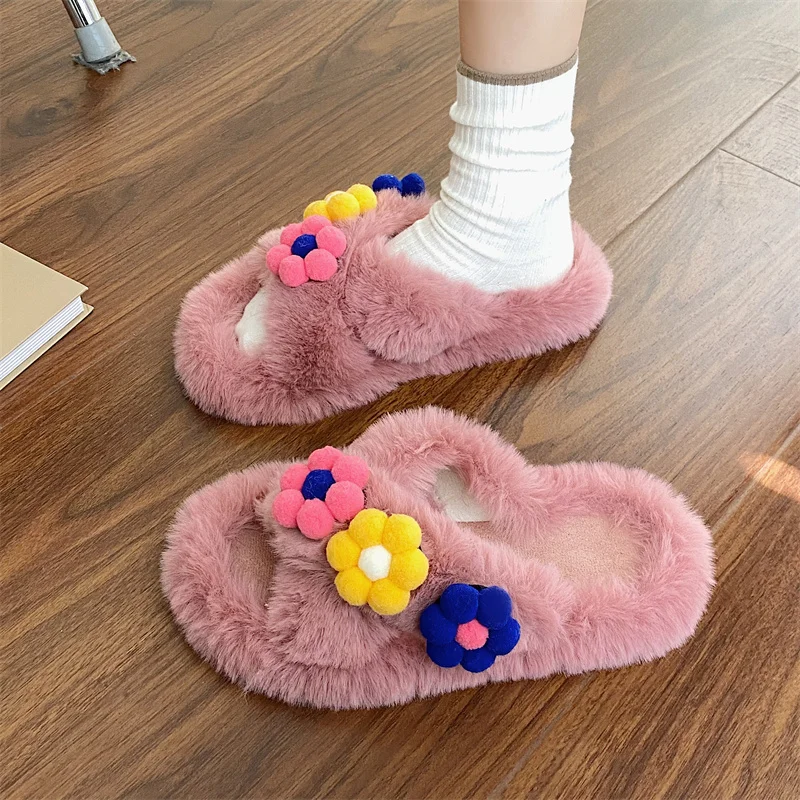 

Med Slippers Casual Shoes Woman 2022 Platform Fur Flip Flops Flock Flower Pantofle Luxury Plush Flat Massage New Slides with fur