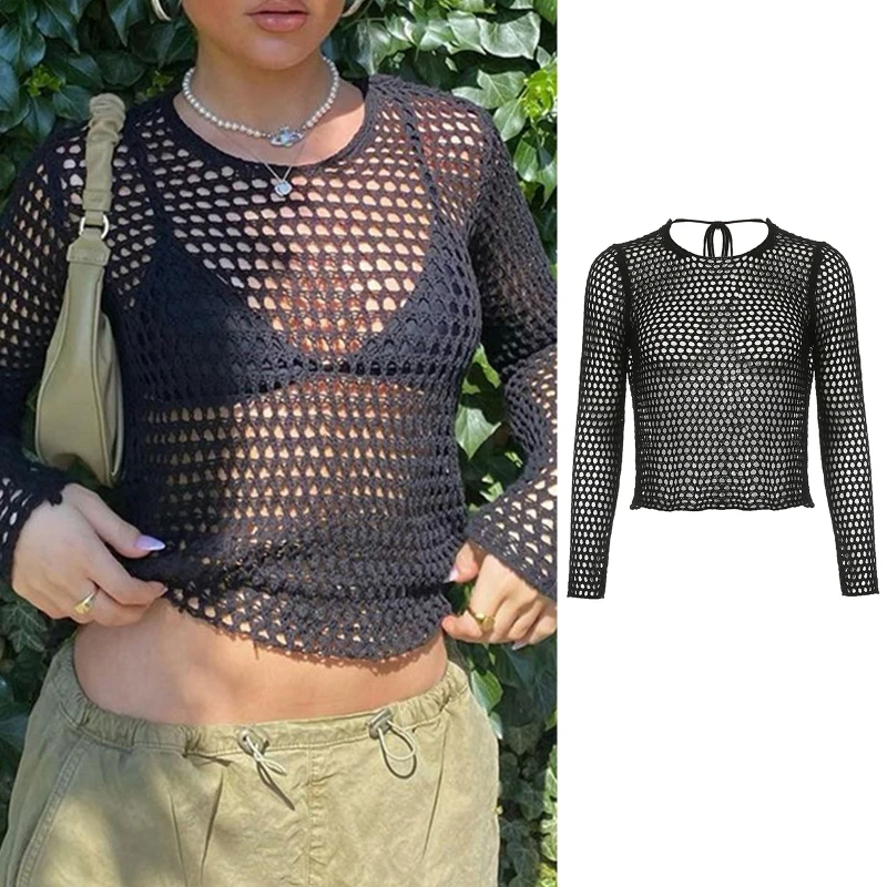 

Fashion Mesh Bikini Cover up Backless T Shirt Dance Hip Pop See Through Tops