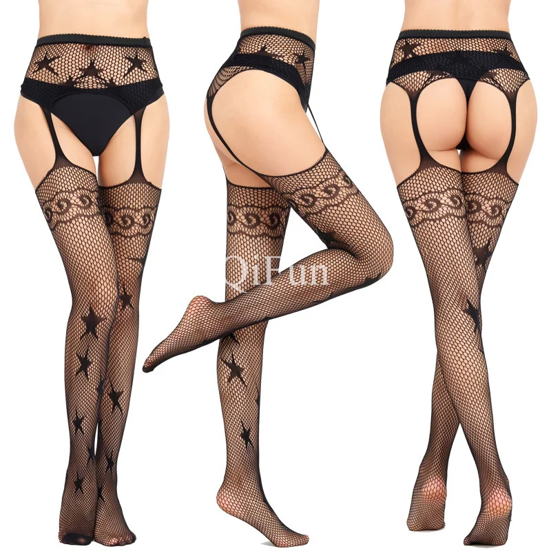 

Sexy Pantyhose Women Black Stockings With Belt Set High Fishnet Tights Floral Print Long Mesh Lace Stocking Erotic Lingerie