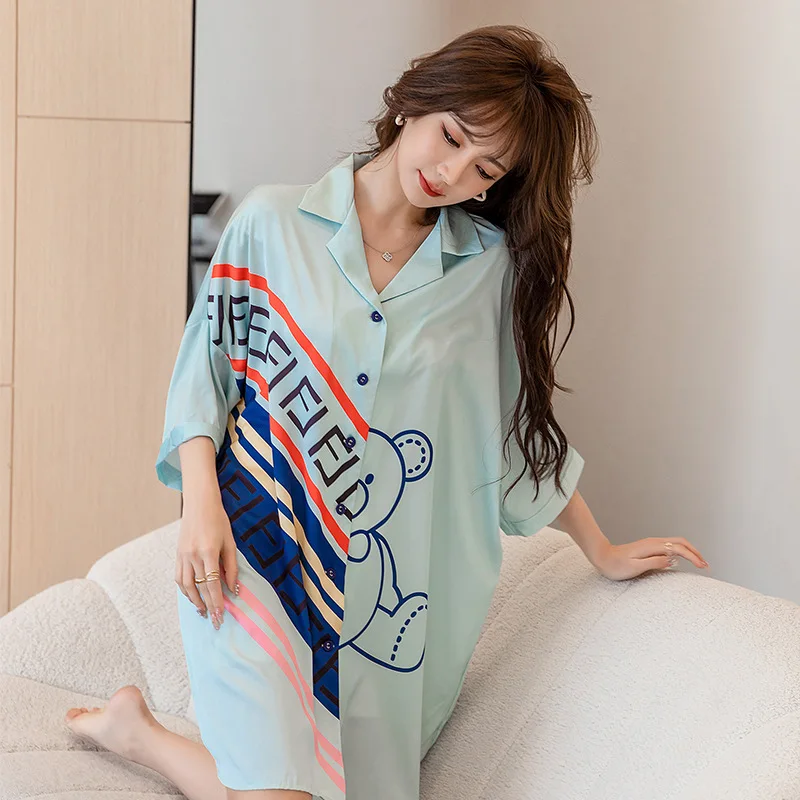 

Ice Snow Silk Nightdress Women's New Cute Bear Cardigan Ladies Shirt Skirt Wholesale sexy nightwear