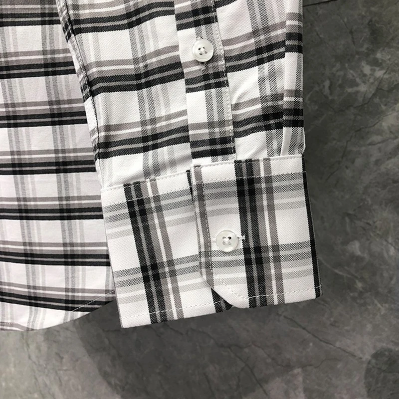 TB THOM Shirt Spring Autumn Fashion Brand Plaid Men's Shirt RWB Ribbon Armband Stripe Cotton Oxford Casual Wholesale TB Shirt