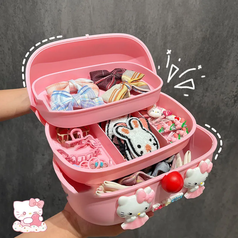 

Kawaii Anime Sanrios Cosmetic Box Cartoon Girl Heart Hellokittys Three Layer Large Capacity Portable Creative Sundry Storage Box