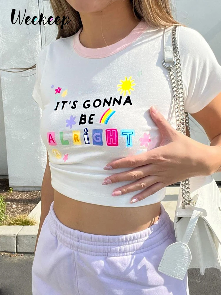 

Weekeep Kawaii Print T Shirt Women Casual Contrast Color Short Sleeve O Neck Skinny Body Crop Top Streetwear Y2k Summer Tee 2022