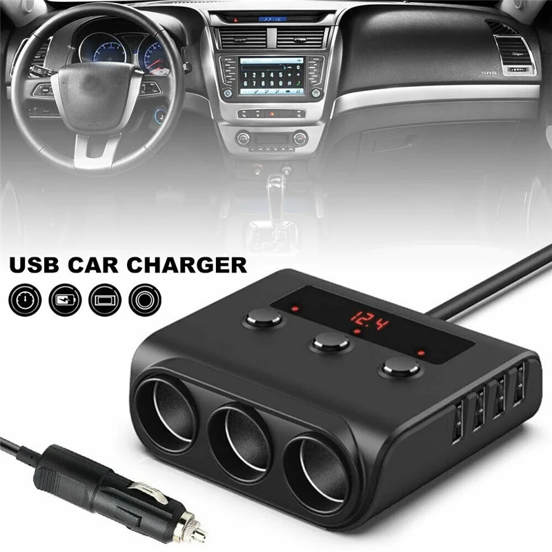 

12V 3 Way Car Cigarette Lighter Splitter Adapter LED Display 4 USB Socket Charger Car Power Adapter Charger