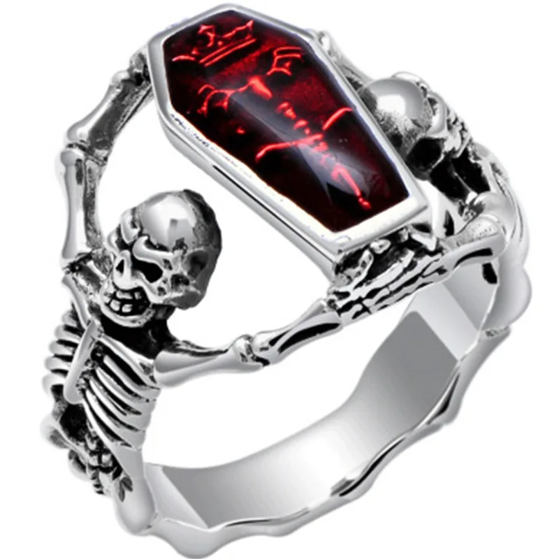 

2022 Vintage Punk Skull Ring Men Hip Hop Engagement Ring Male Fashion Red Zircon Rings For Women Jewelry Silvery Rings Femme New