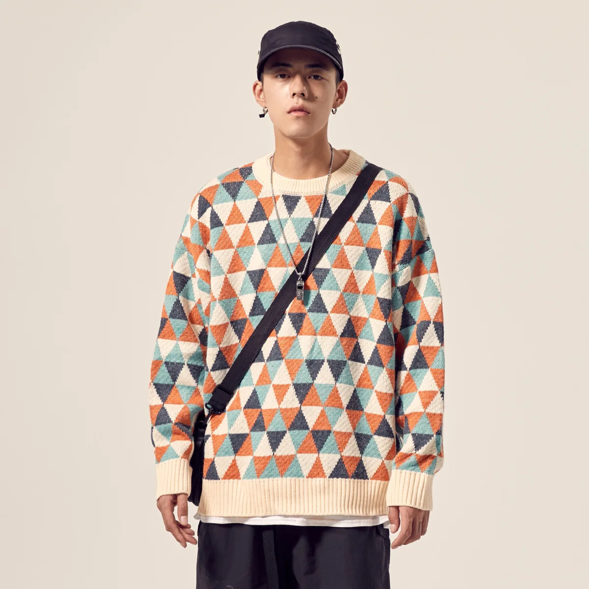 

Men autumn lazy style loose neck pullover Japanese diamond pattern sweater men's knit