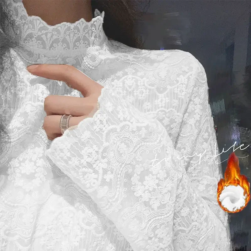 Блузка женская кружевная осенняя рубашка с длинным рукавом и высоким воротником