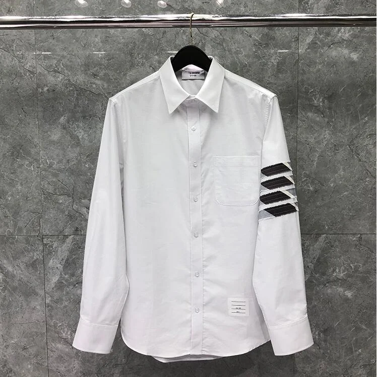 

THOM TB 2023 Fashion Brand Shirts Men Slim White Striped Long Sleeve Casual Shirt Turn Down Collar Oxford Solid Men's Clothing