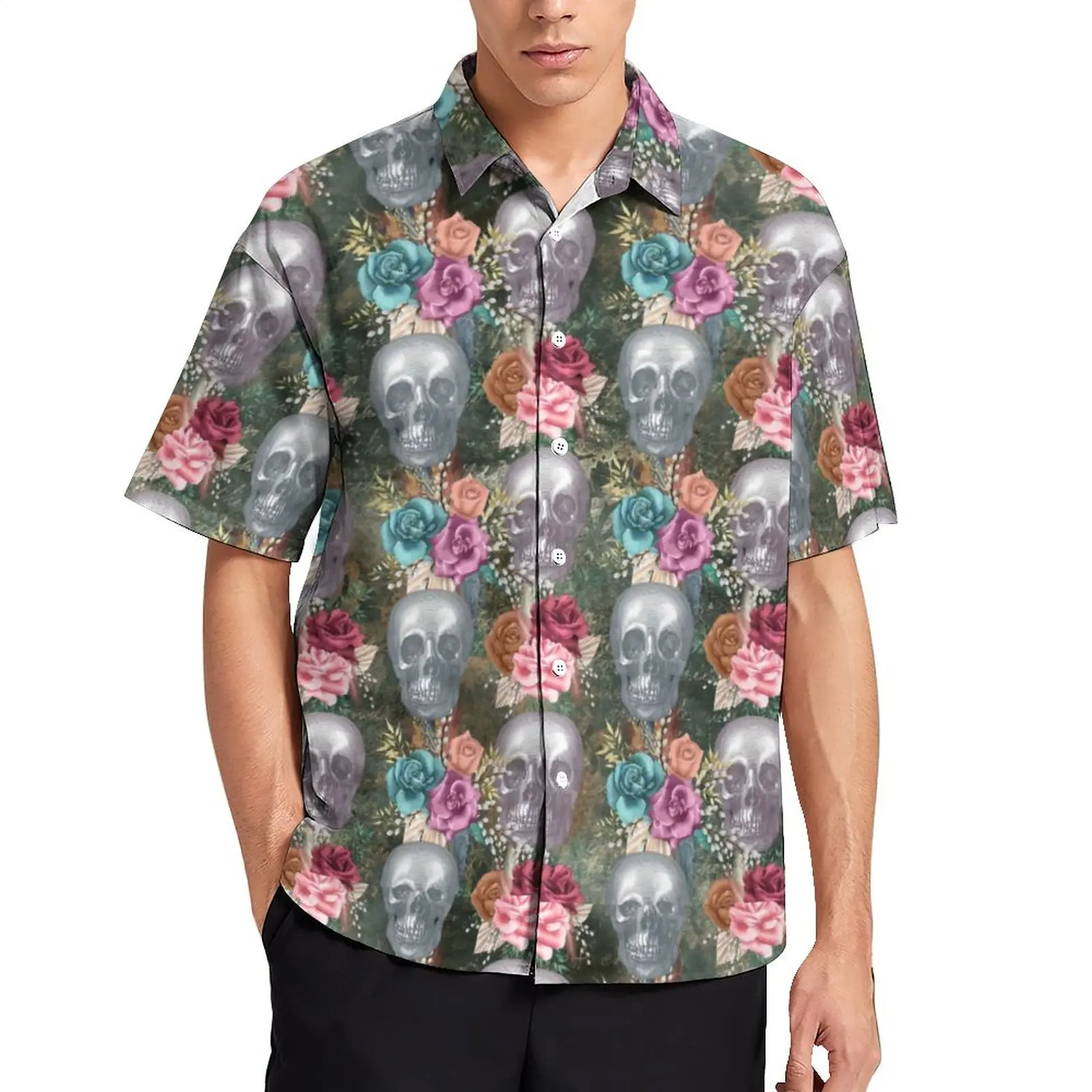 

Boho Skull Casual Shirts Hippie Flowers Print Vacation Shirt Hawaiian Streetwear Blouses Mens Graphic Plus Size 4XL