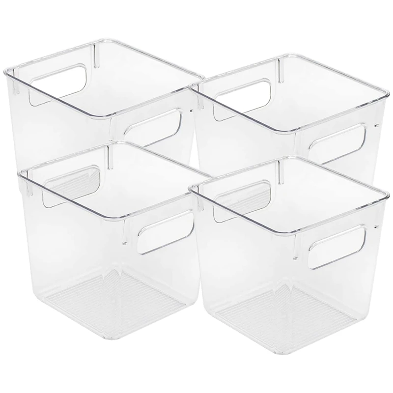 

4X Plastic Storage Bins Clear Pantry Organizer Box (Square) & 1X Stackable Plastic Food Storage Bin With Handles Clear