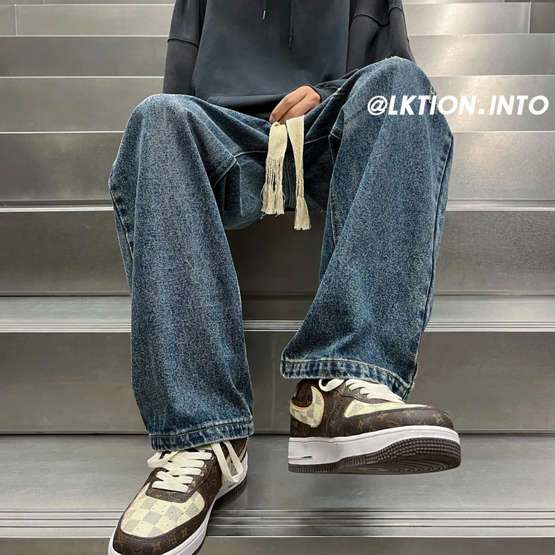 Blue Black Green Baggy Jeans Men Fashion Drawstring Wide Leg Jeans Mens Streetwear Hip Hop Loose Straight Denim Trousers Men