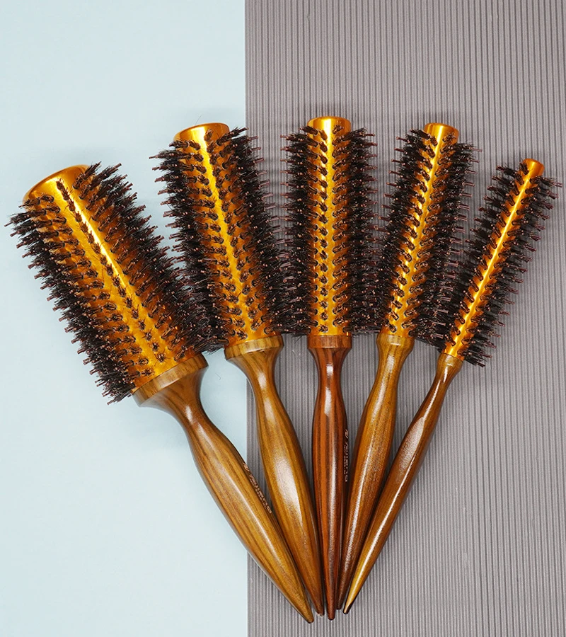 

Wholesale Wooden Aluminum Tube Round Boar Bristle Ionic Hair Brush Wood Rolling Style Hairbrush