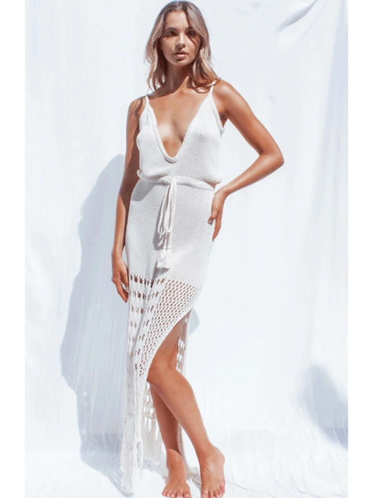 

Sexy Crochet Bikini Cover-ups 2022 Summer Sleeveless Fringed Dress Women Beachwear Swimsuit Cover Up Sarongs