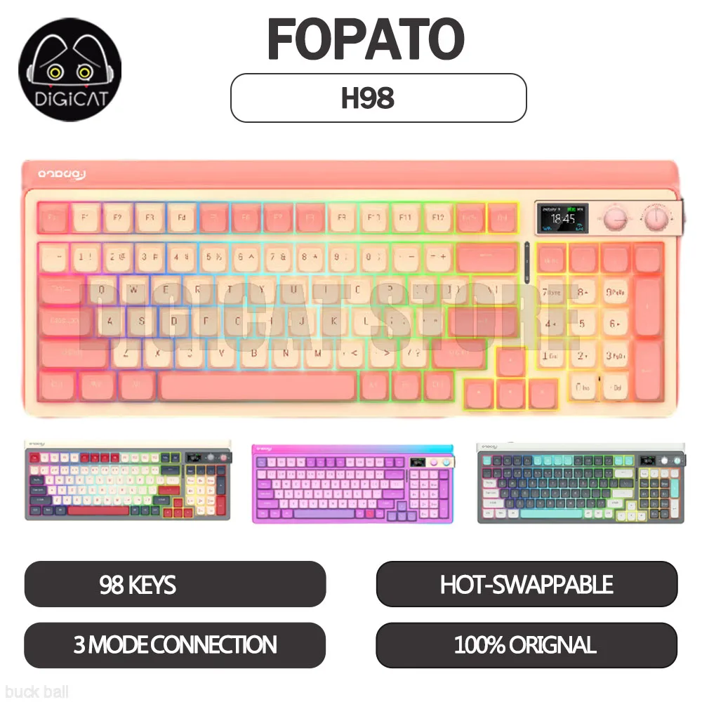 Механическая игровая клавиатура FOPATO H98 с TFT-экраном, 3 режима, USB/2,4G/Bluetooth, беспроводная клавиатура Hot Swap, 98 клавиш, RGB клавиатура