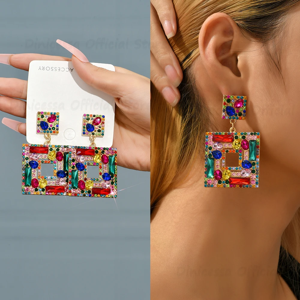 

Bohemian Multicolored Big Dangle Drop Earrings For Women Trend Luxury Vintage Square Full Crystal Ear Accessories Party Jewelry