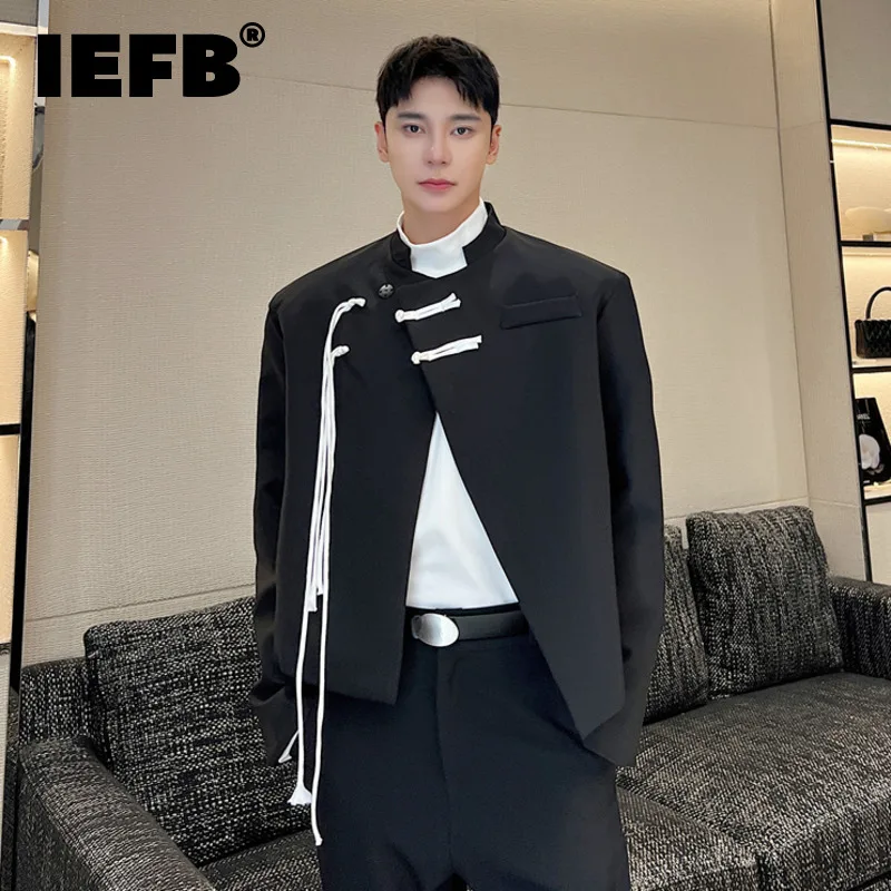 

IEFB Chinese Style New Men's Blazer Tassel Buckle Suit Jacket Stand Collar Irregular Niche Trendy Male Top 2023 Autumn New
