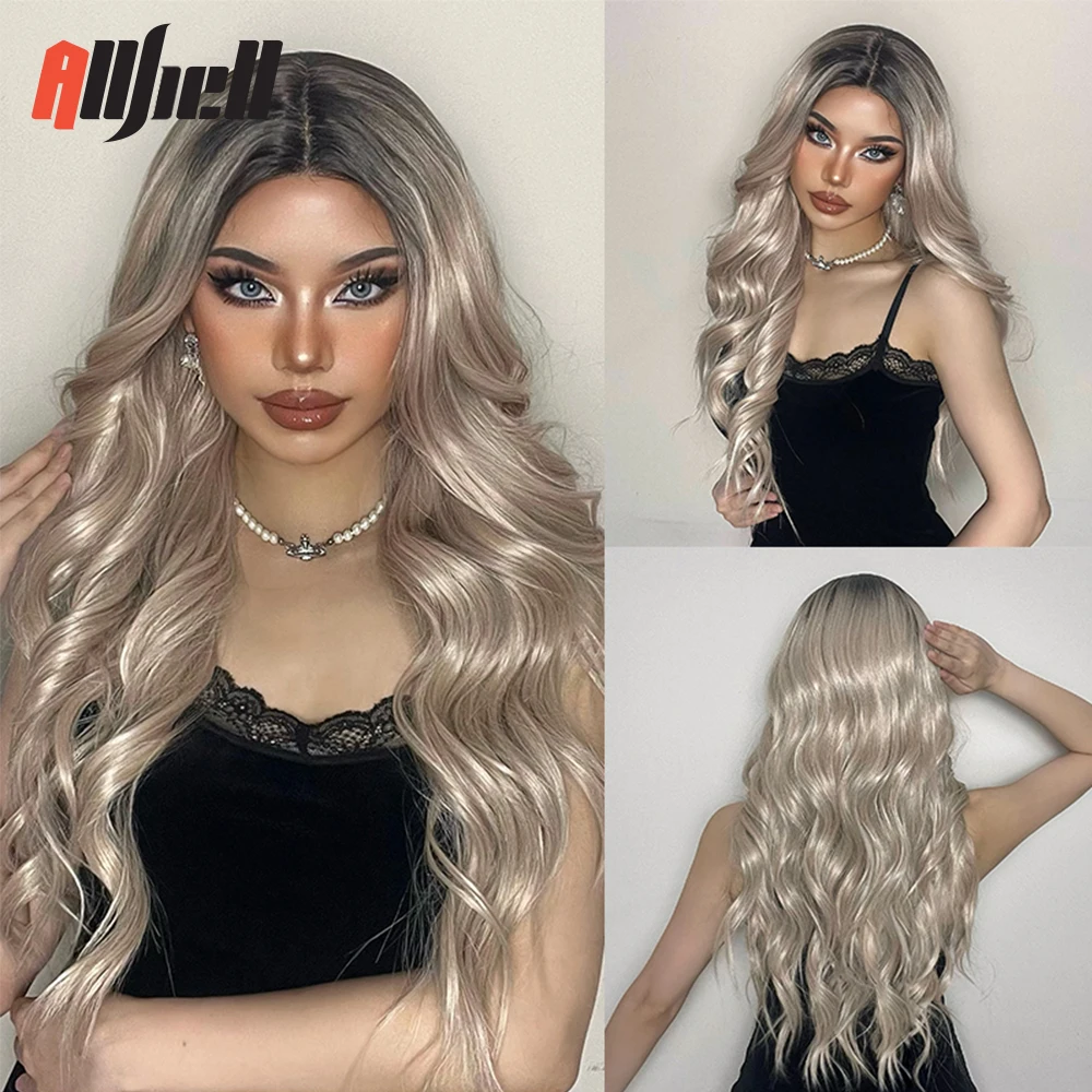 

Длинные волнистые синтетические парики на сетке спереди, парики из черной к платине средней части для женщин, афро-косплей, кружевной, фторотальный парик, термостойкий