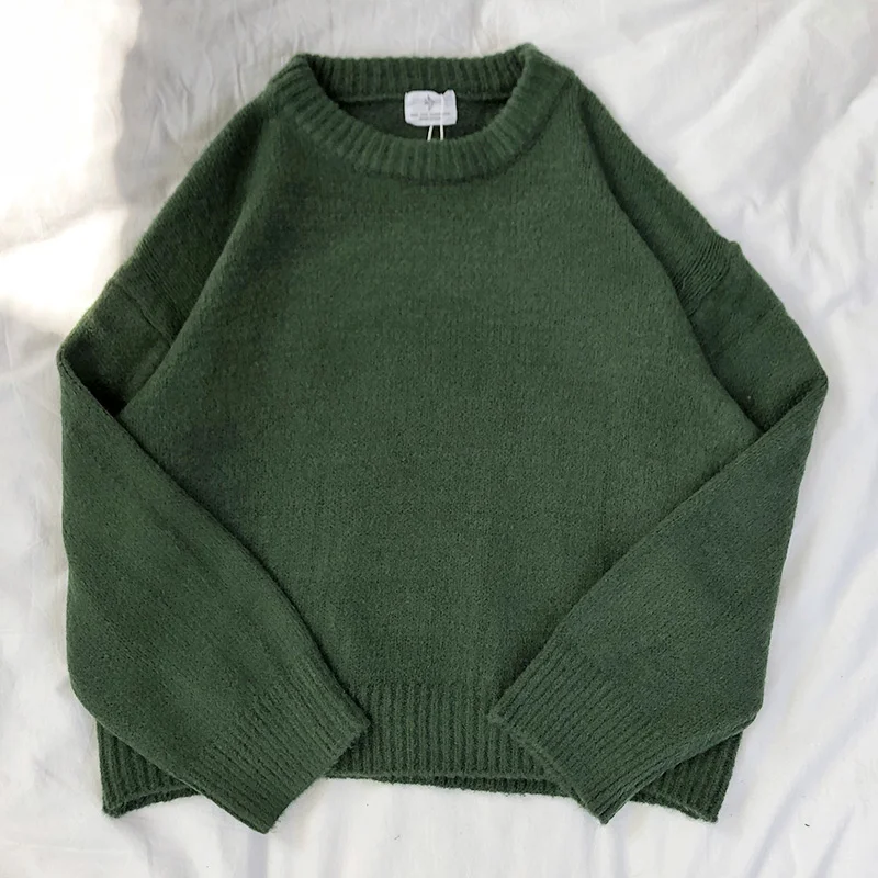 Mooirue Dark Green Round Neck Pullover Sweater Long Sleeve Warm Autumn Pullovers Jumper