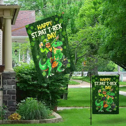 Happy St Pat T-rex Day Лепрекон Дино Садовый флаг ко Дню Святого Патрика