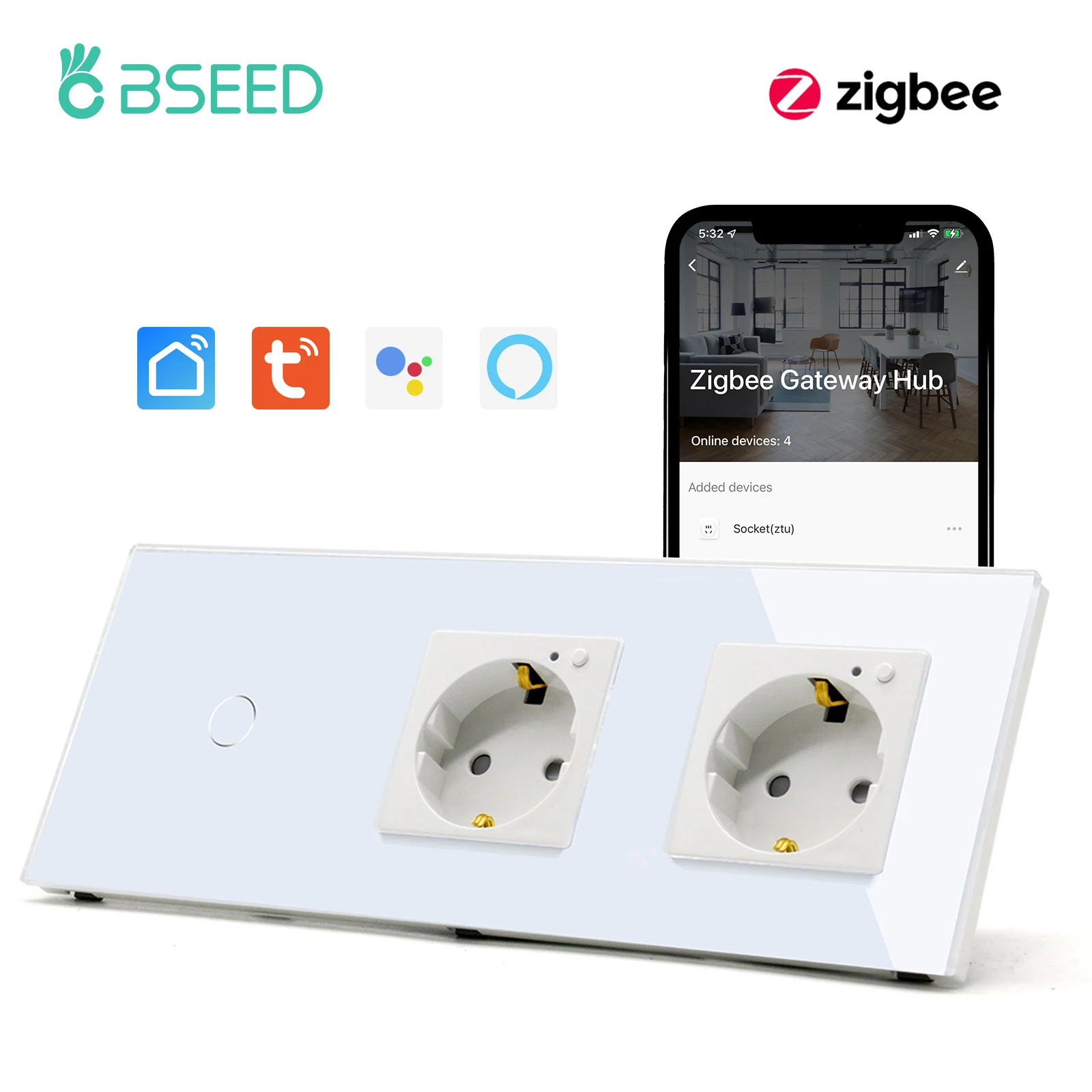 

BSEED Zigbee Tuya Smart Switch Light Touch Switch 1/2/3Gang With Zigbee Timer Sockets 220v Google Smart Home Alexa Voice Control