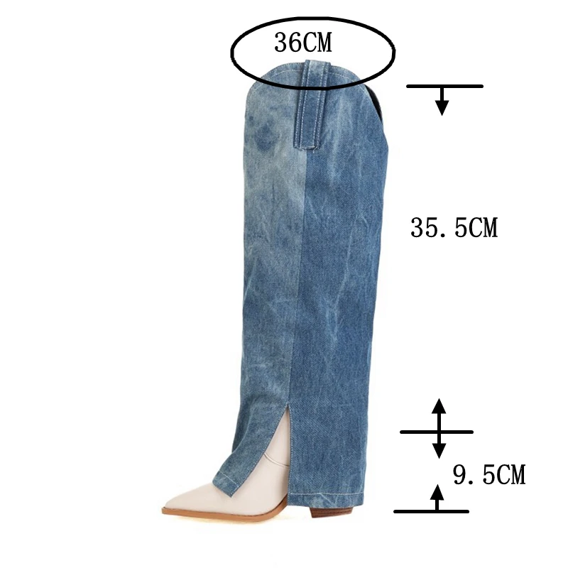 ASILETO New Fashion Tube Knee High Boots Pointed Toe Wedge Block Heel Denim Zipper Plus Size 34-43 Blue Patchwork Winter S2654 images - 6