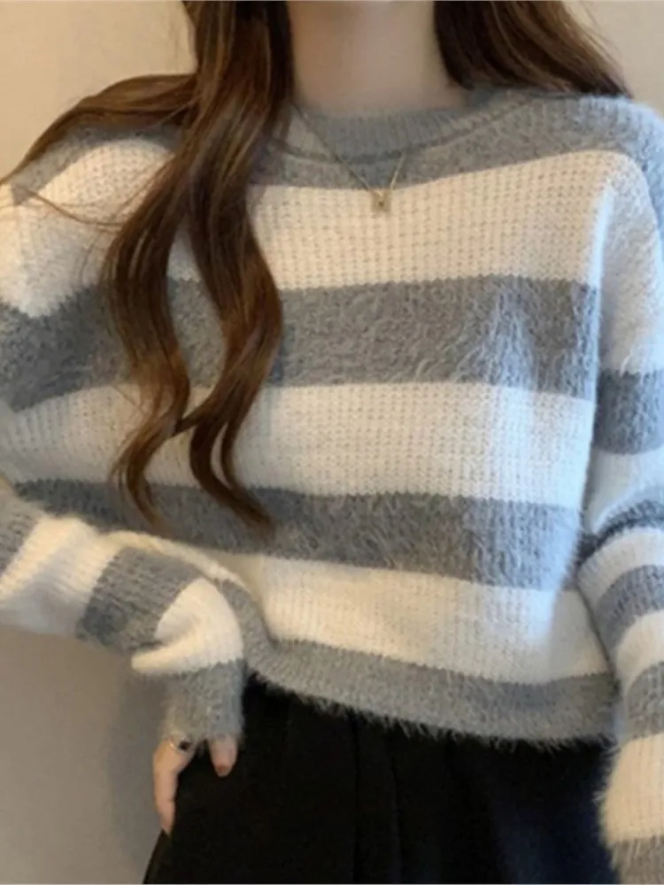 

Мягкие мохеровые вязаные свитера, женский полосатый укороченный пуловер с длинным рукавом, женский осенне-зимний новый модный Повседневный корейский джемпер, 2023
