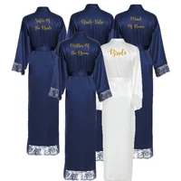 wedding party team bride robe with gold letters kimono satin pajamas bridesmaid robes bridal robes navy blue bathrobe