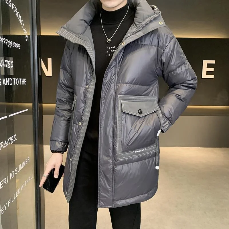 Winter Men Down Coat Mid-length Thicken Warm Casual Hooded Parker Jacket Black Grey Korean Trendy Clothing Loose Men Outerwear enlarge