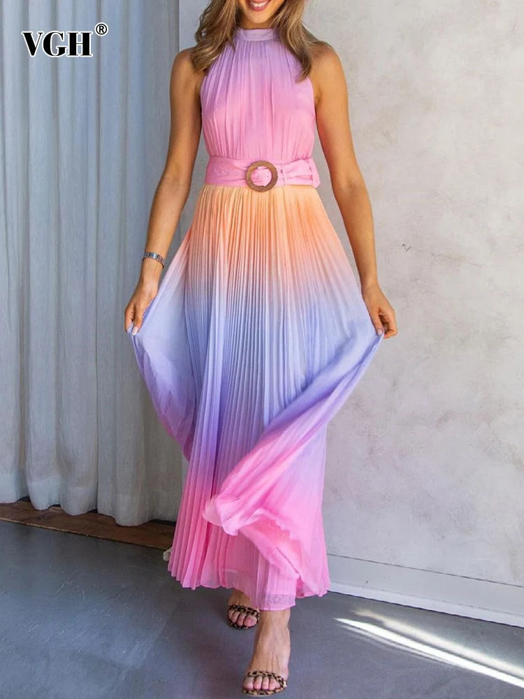 

VGH Colorblock Summer Dress For Women Halter Stand Collar Sleeveless High Waist Sashes Elegant Dresses Female Fashion New Style
