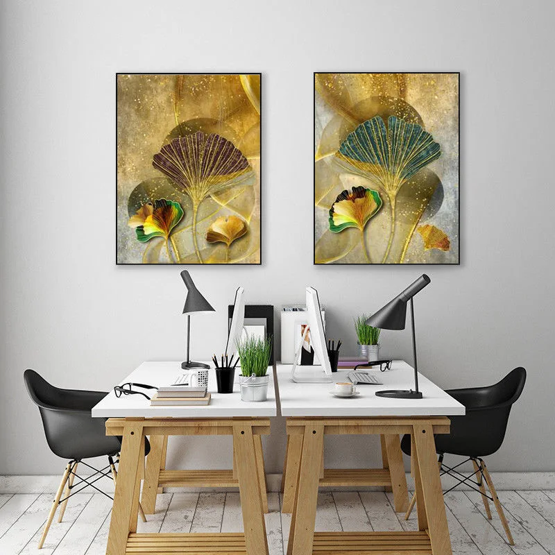 Абстрактная Картина на холсте с золотыми желтыми листьями плакаты и принты