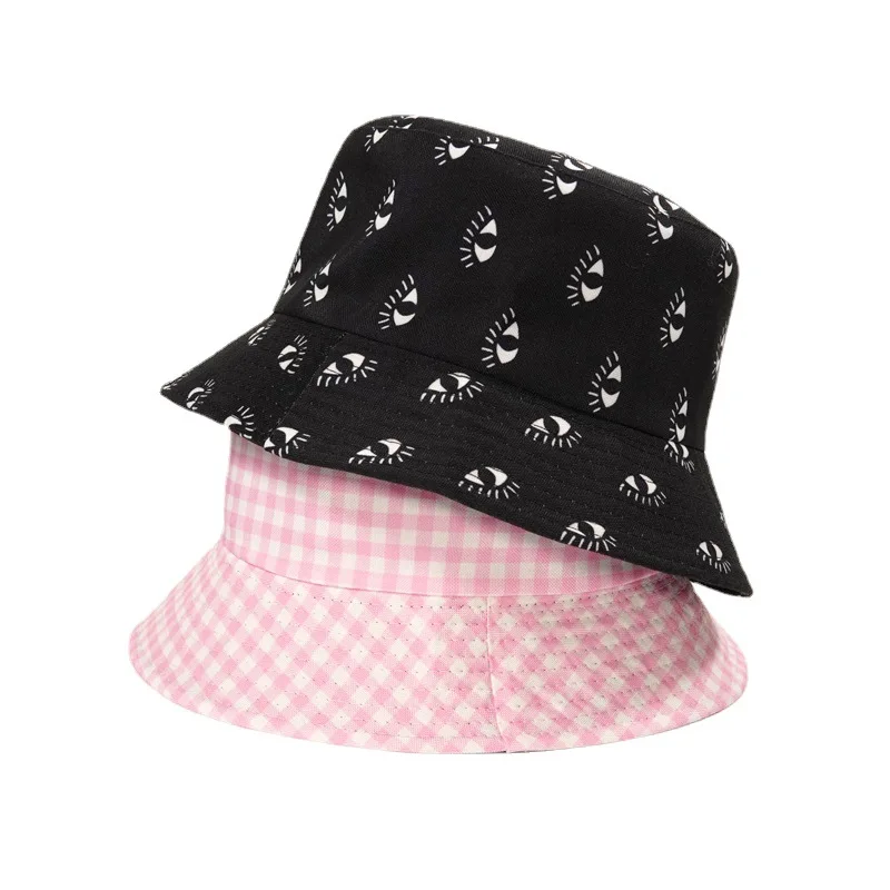 

Eye Print Cotton Bucket Hat Women Men Fisherman Hat Pink Plaid Outdoor Travel Hat Sun Cap Hats Female