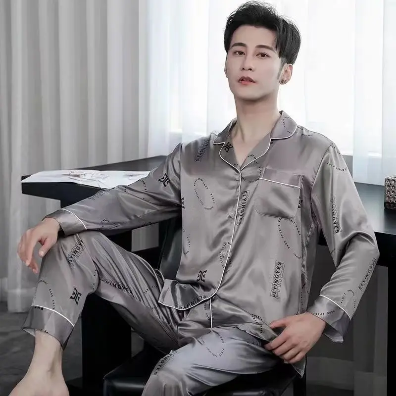 High quality pajamas for men, spring and autumn teen thin silk set, air conditioning room, long sleeves, fashion loungewear