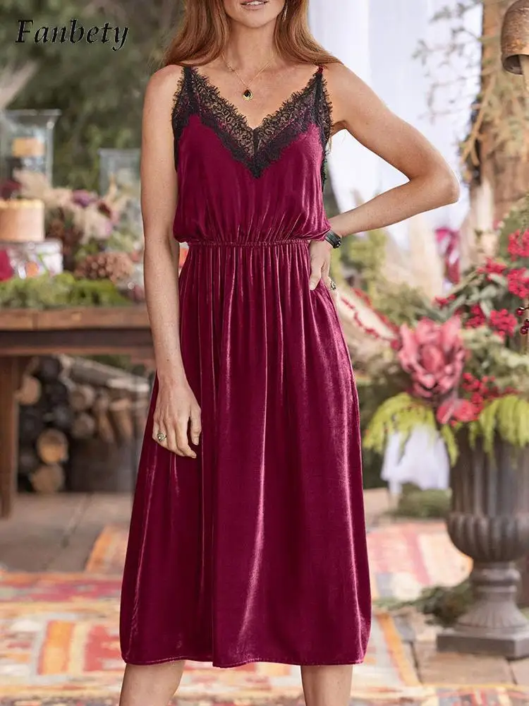 

Women Elegant Patchwork Embroidery Lace A-Line Dress 2022 Spring Sexy V-Neck Party Dress Summer Ladies Casual Solid Velvet Dress